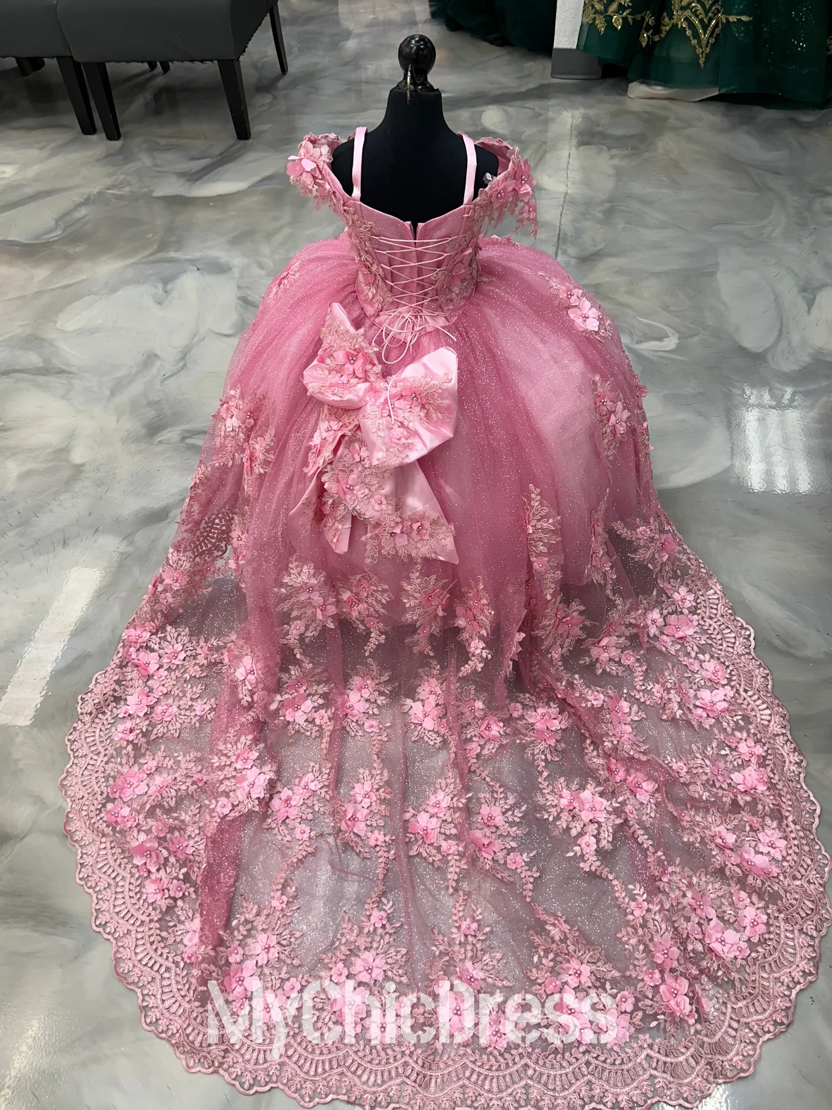 Pink Mini Quinceanera Dress Lace Appliques with Bow Mychicdress