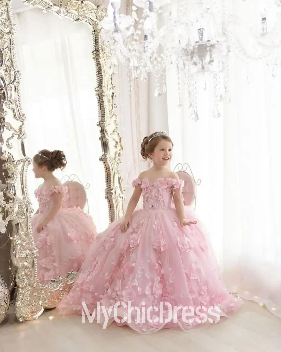Mychicdress Pink Mini Quinceanera Dresse 3d Floral Flower Girl Dress For Wedding