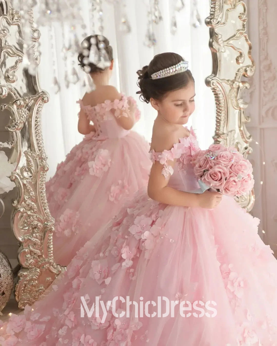 Pink Mini Quinceanera Dresse 3d Floral Flower Girl Dress For Wedding Mychicdress