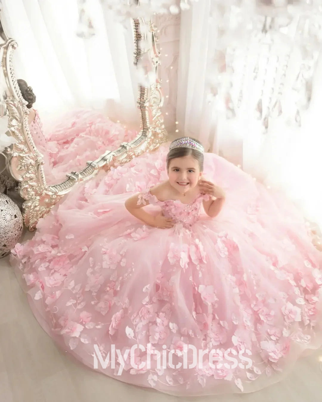 Mychicdress Pink Mini Quinceanera Dresse 3d Floral Flower Girl Dress For Wedding
