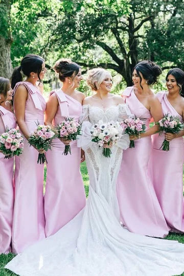 One-Shoulder pink Bridesmaids Dress with Bow Strap