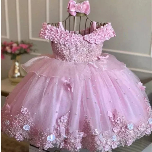 Mychicdress pink Pageant Girl Dresses Pearls Lace Flower Girl Dress Sleeveless