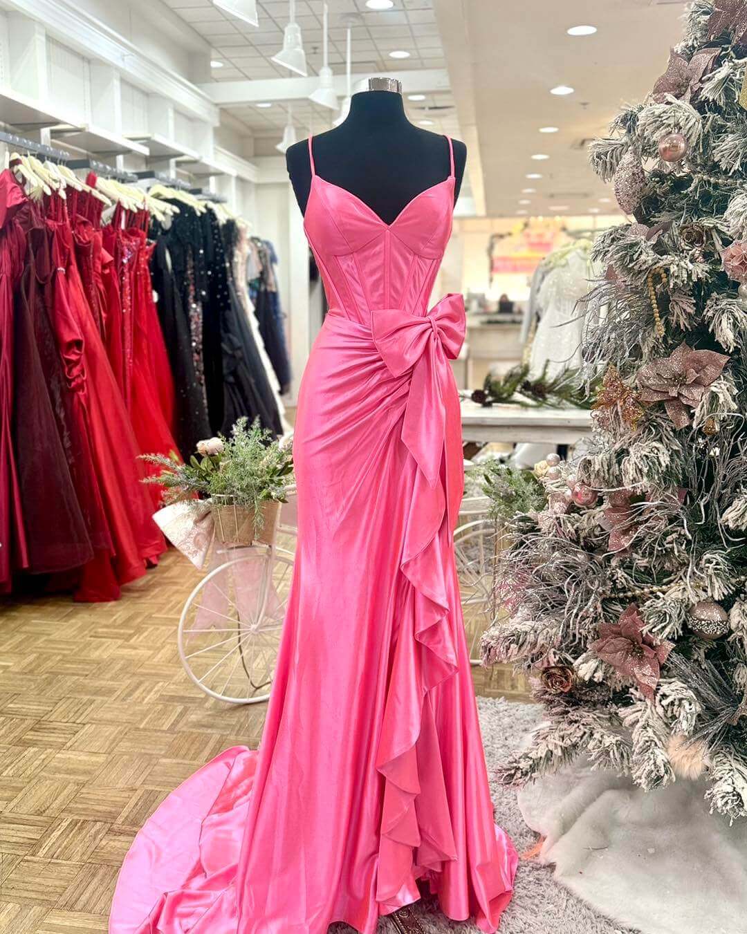 Pink Satin Long mermaid prom Dress with Bow Spaghetti Straps V-Neck