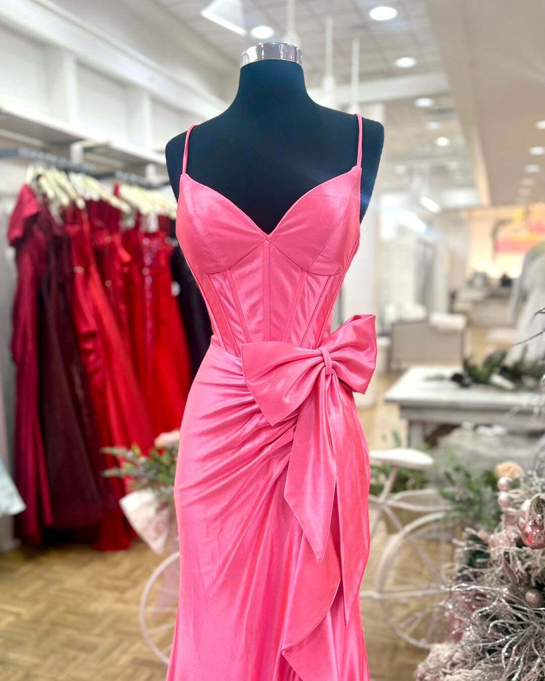 Pink Satin Long mermaid prom Dress with Bow Spaghetti Straps V-Neck