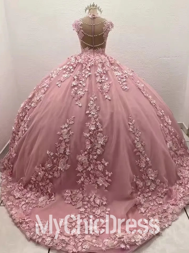 Pink Sweet 16 Quinceanera Dresses 3D Flowers Pearls Appliques Sleeveless