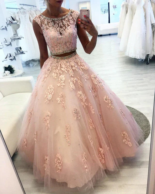 Pink Two Piece Quinceanera Dresses with Beaded  Lace Crop Tulle