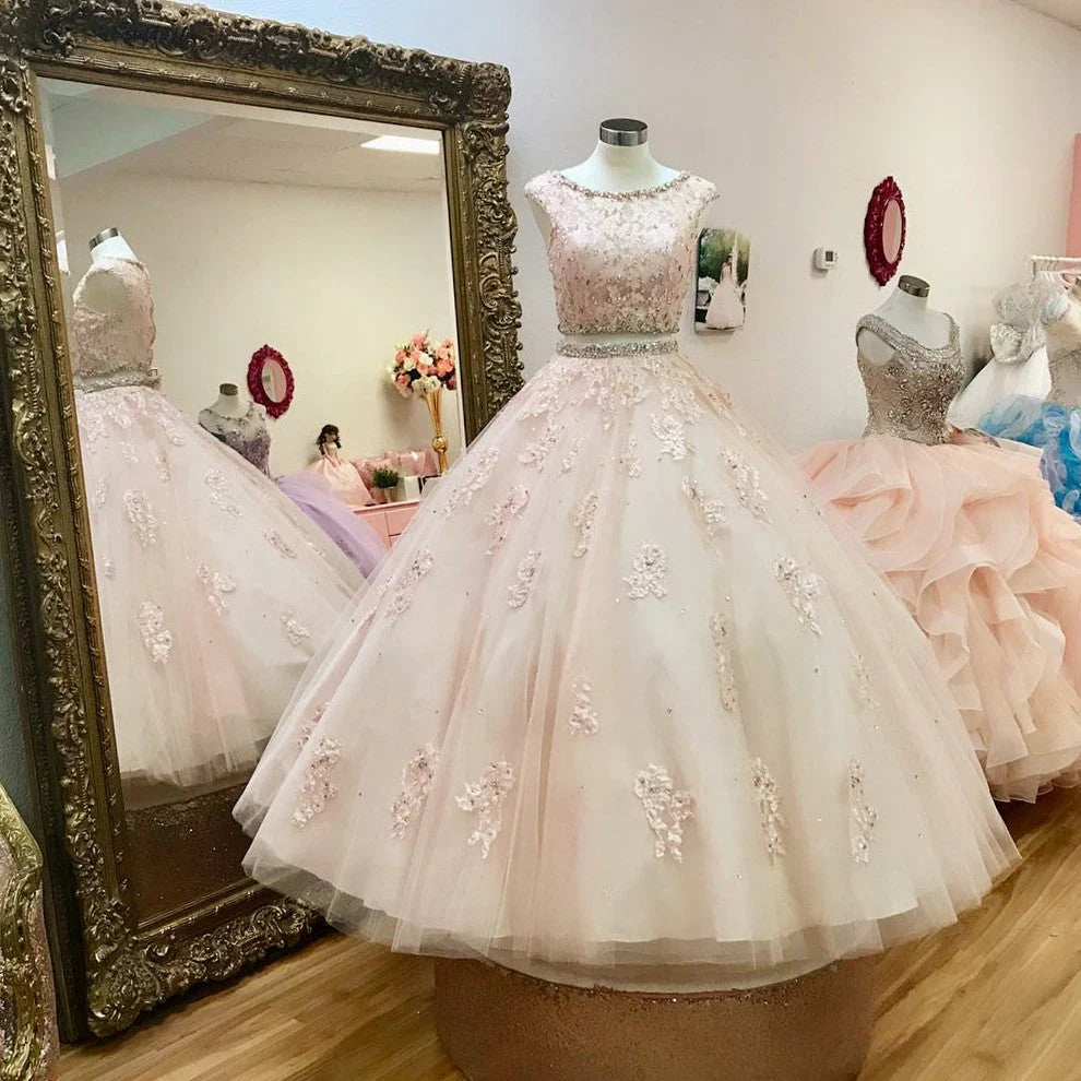 Lace Crop Tulle Pink Two Piece Quinceanera Dresses with Beaded