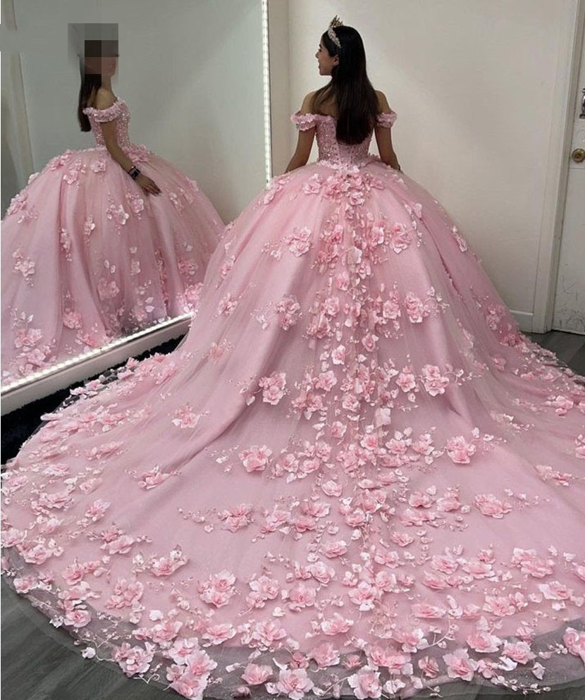 Off Shoulder Corset Pink Quinceanera Dresses 3D Flowers Appliques - MyChicDress