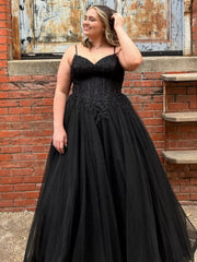 Plus Size Black Prom Dresses A Line V Neck Lace Evening Dress