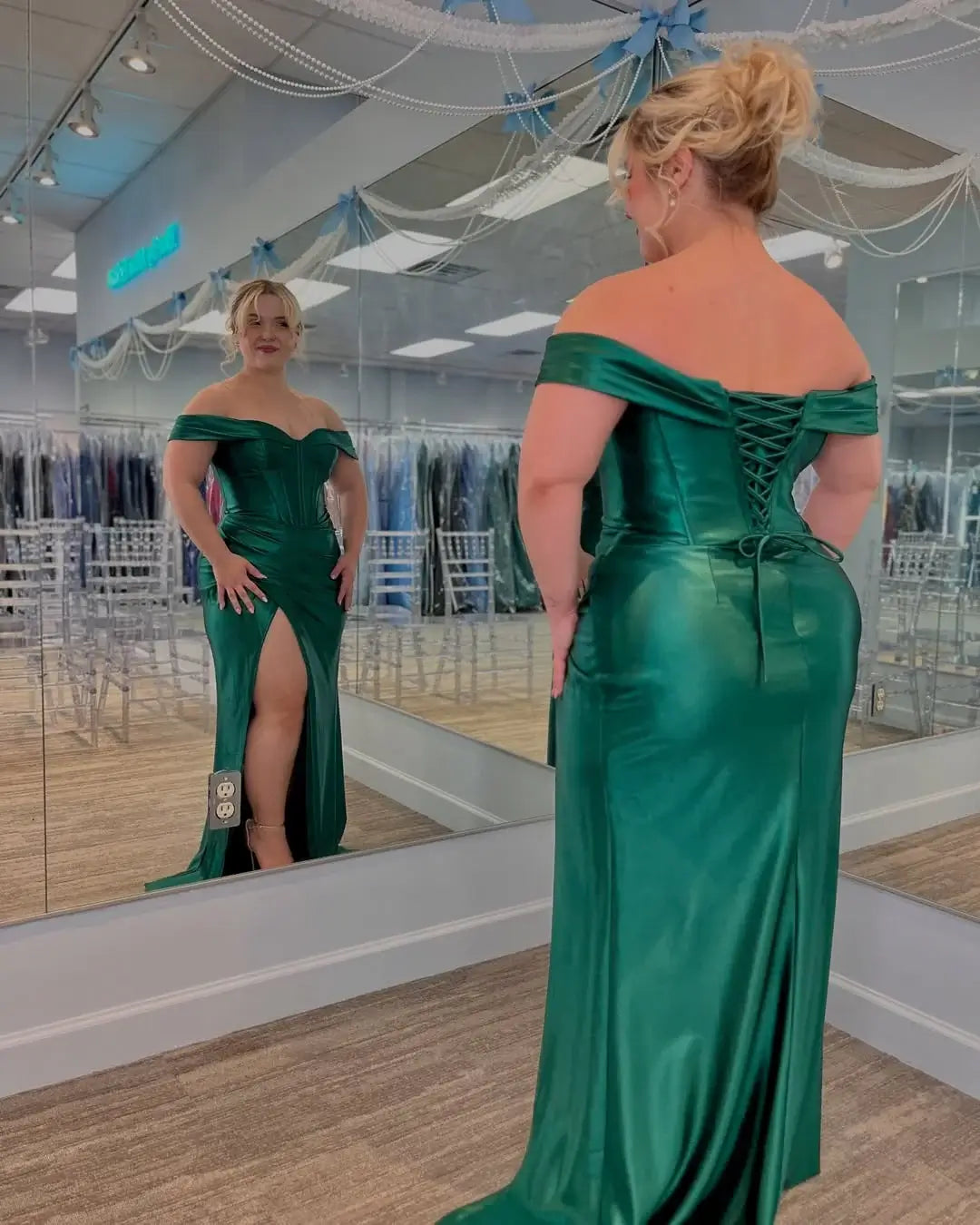 Plus Size Emerald Green Prom Dresses Mermaid Satin Evening Gowns
