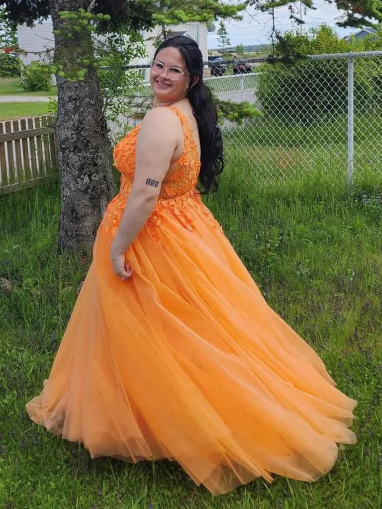Plus Size Orange Prom Dress A Line V Neck Lace Evening Dresses Mychicdress
