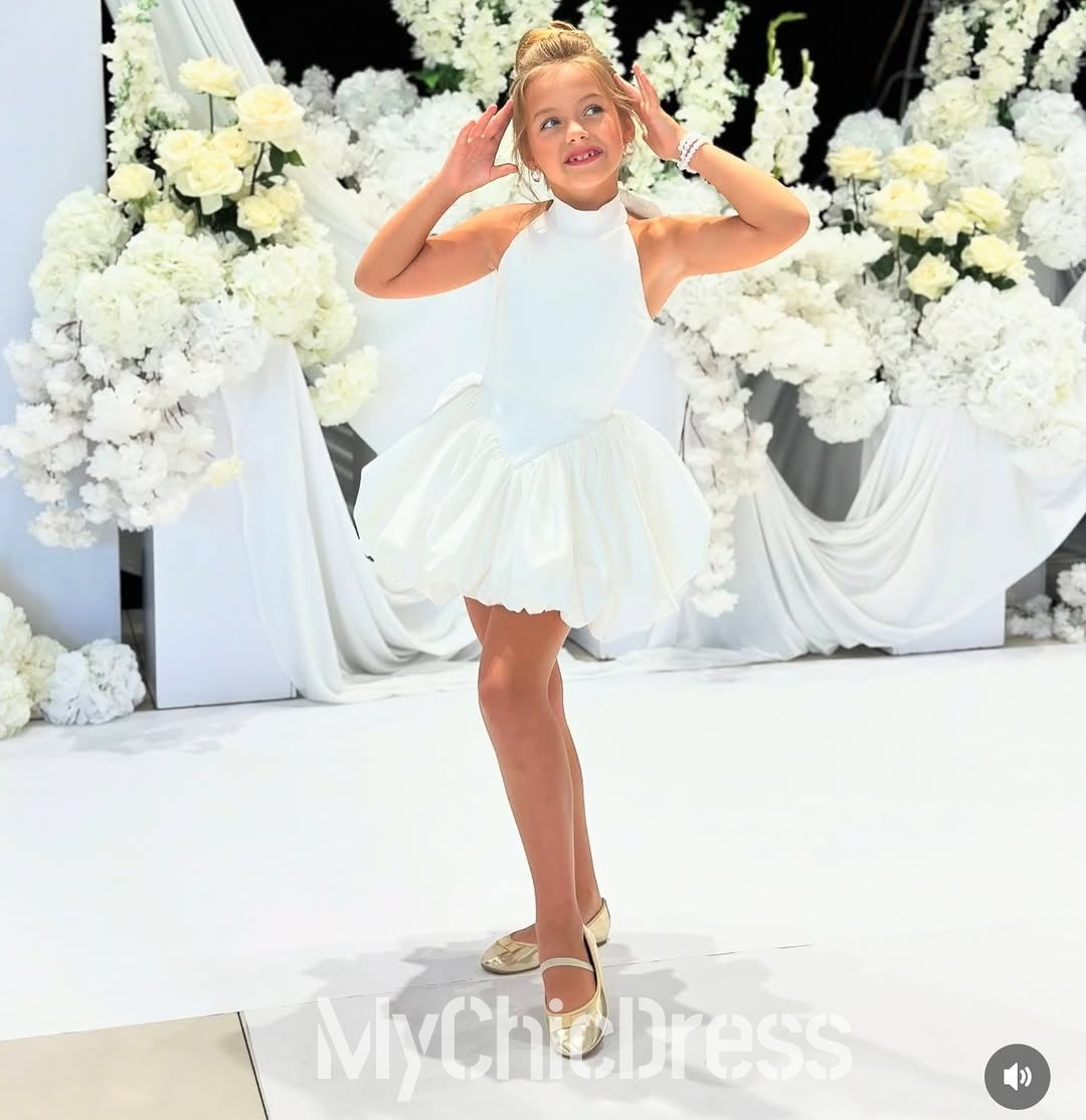 Pretty High Neck Satin Sleeveless White Satin Flower Girl Dress