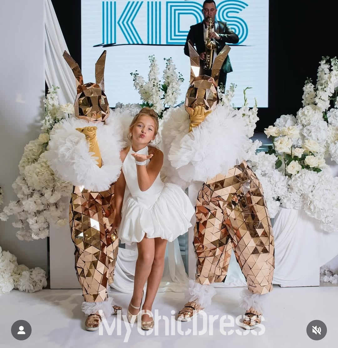 Pretty High Neck Satin Sleeveless White Satin Flower Girl Dress