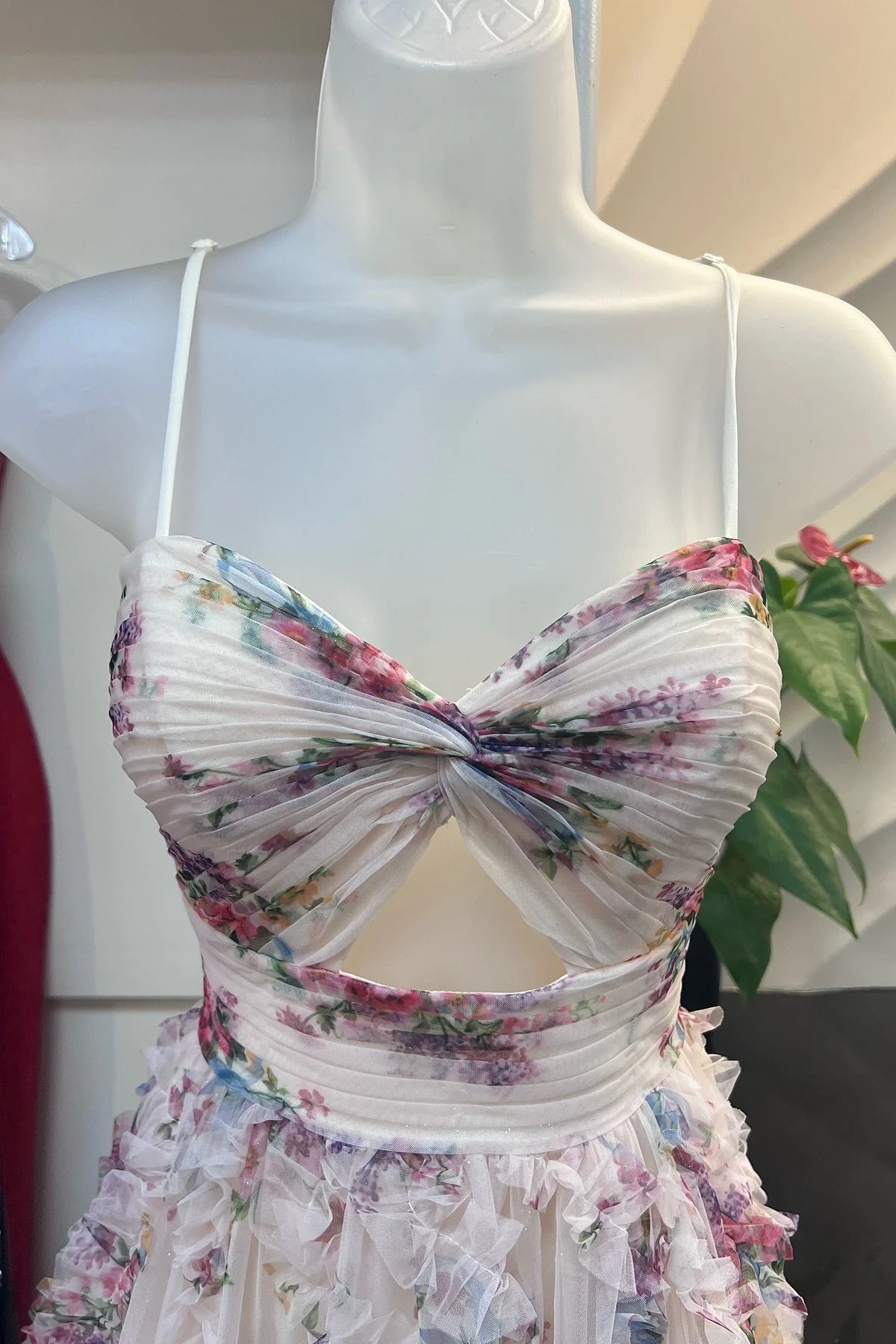 Pretty UK Floral Prom Dress Ruffle Spaghetti Strap with Keyhole