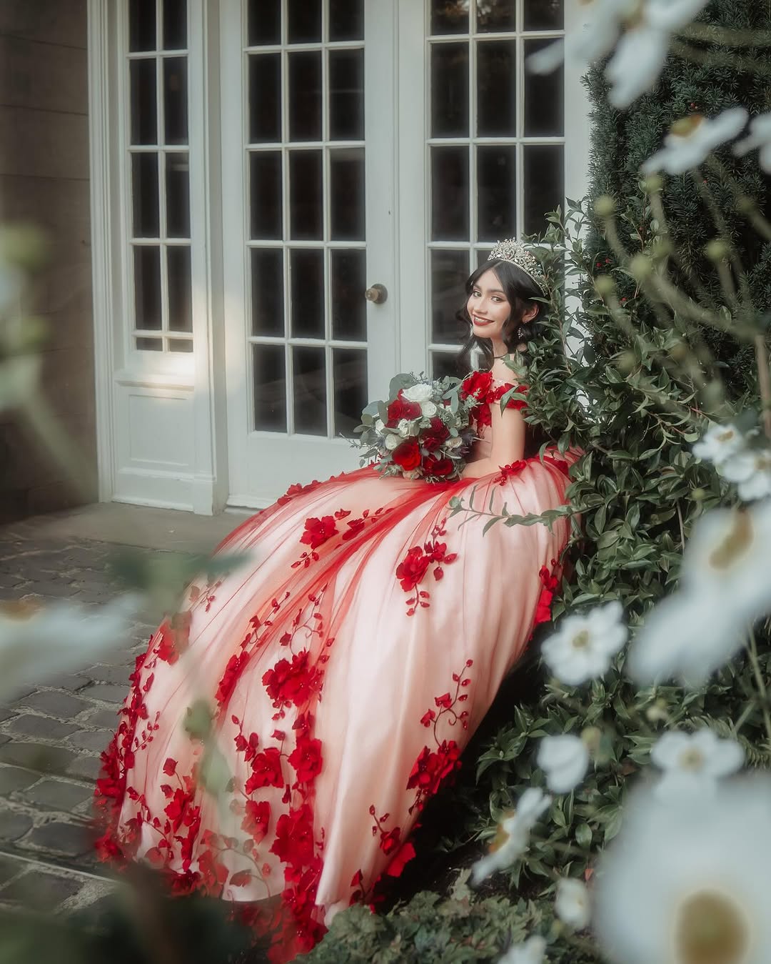 Princess Ball Gown red Quince Dresses Floral Beaded Crystals Off the Shoulder