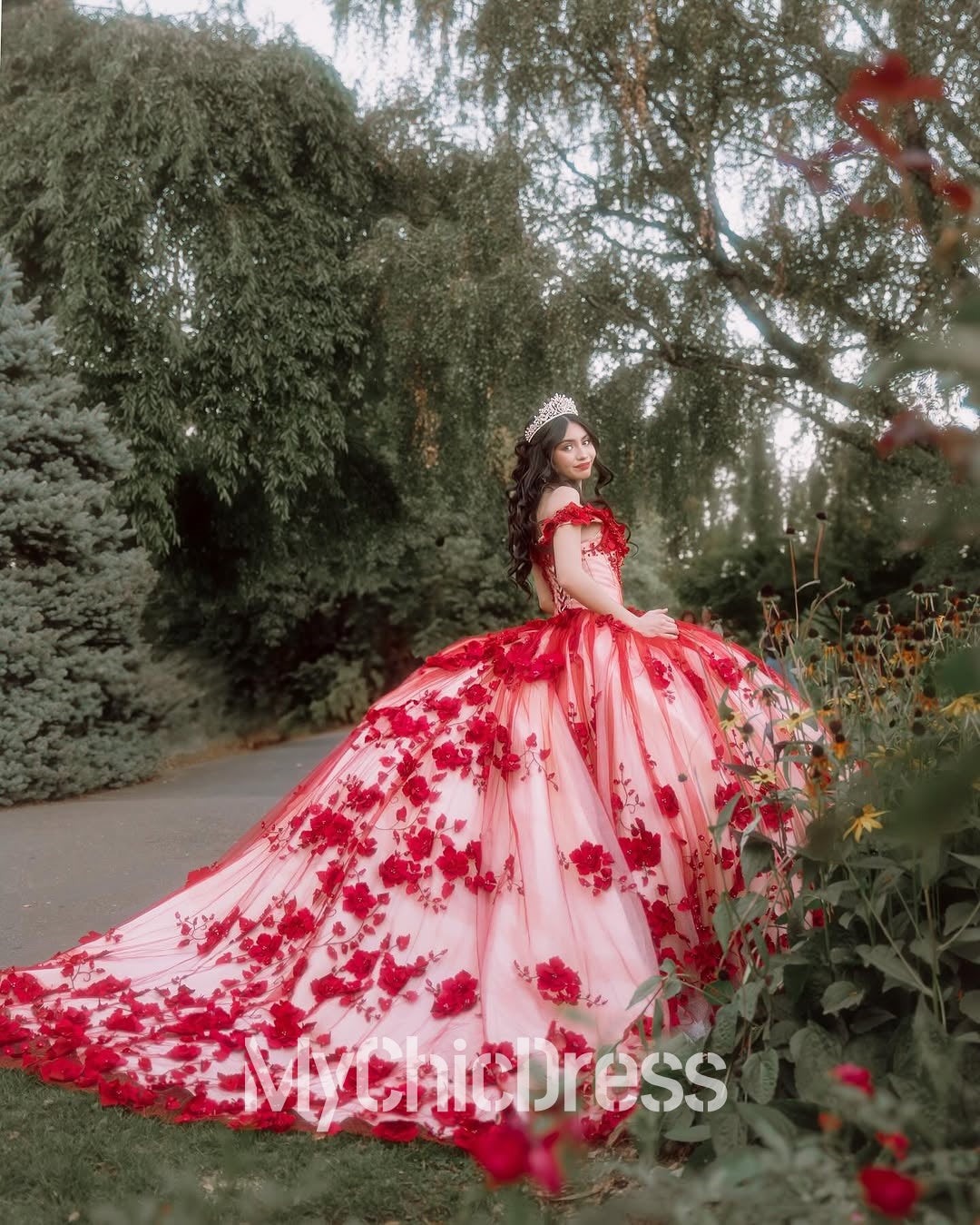 Princess Ball Gown red Quince Dresses Floral Beaded Crystals Off the Shoulder