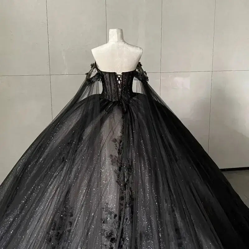 Princess Black Sweet 16 Quinceanera Dress Lace Appliqued With Cape