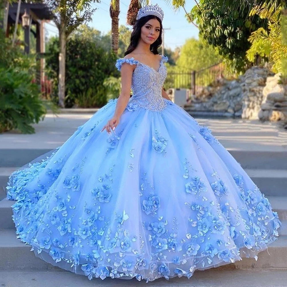 Princess Blue Quinceanera Dresses 3D Flower Ball Gown Vestidos De 15 Anos