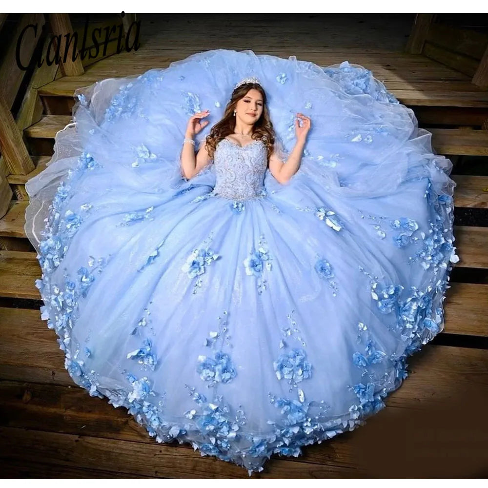 Princess Blue Quinceanera Dresses 3D Flower Ball Gown Vestidos De 15 Anos