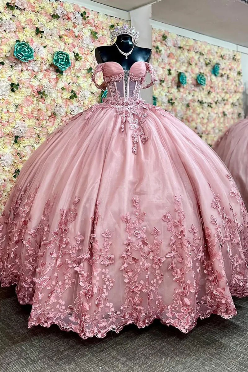 Princess Dusty Pink Sweet 16 Dresses off the Shoulder with Butterfly