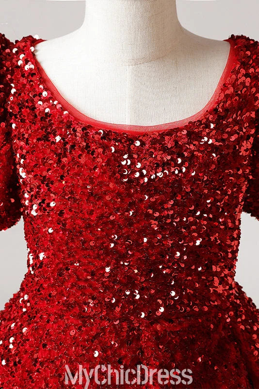 Princess Floor Length Red Sequins Pageant Gown Short Sleeves