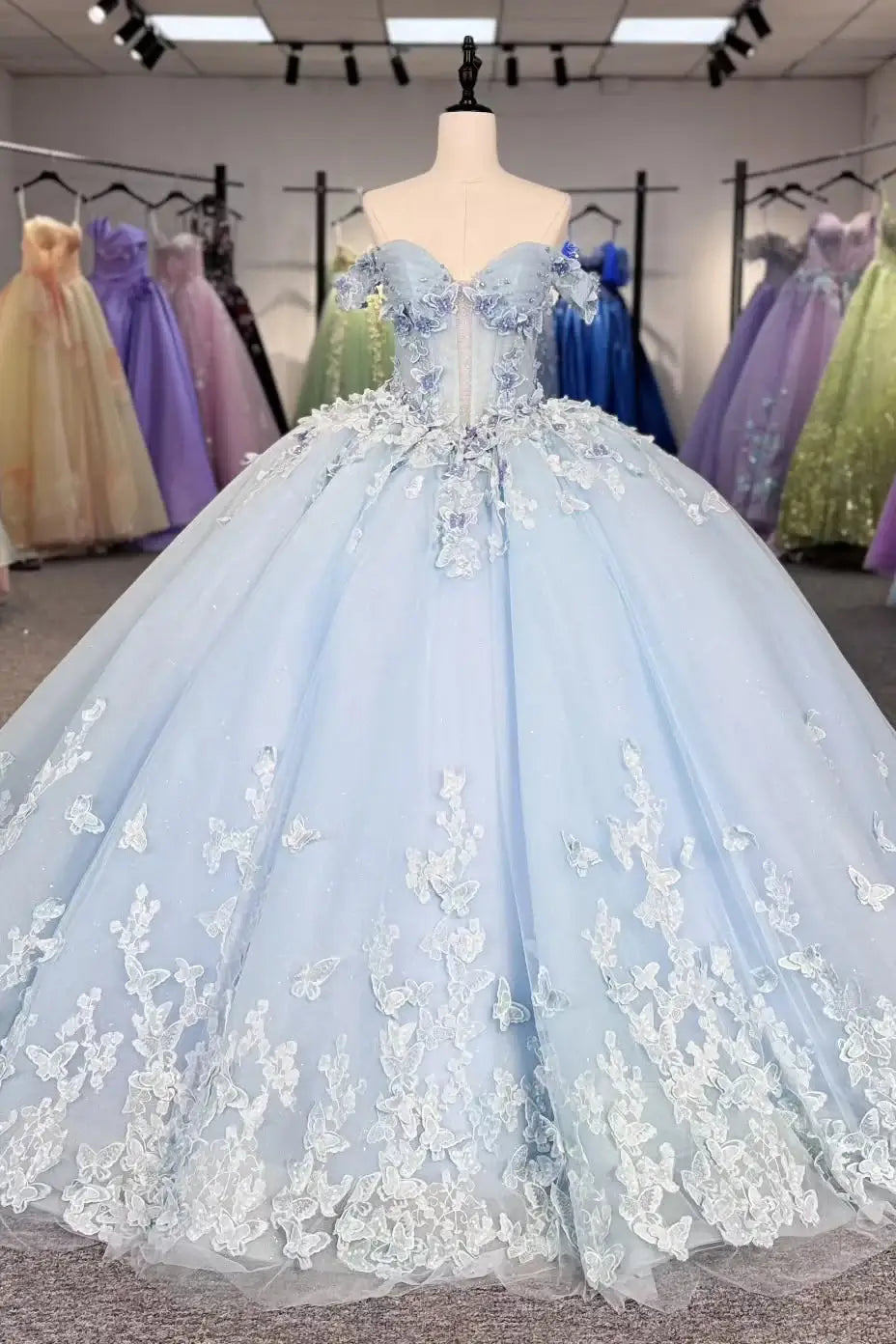 Princess Lace Tulle Light Blue Quinceanera Dresses Pearls with Butterfly