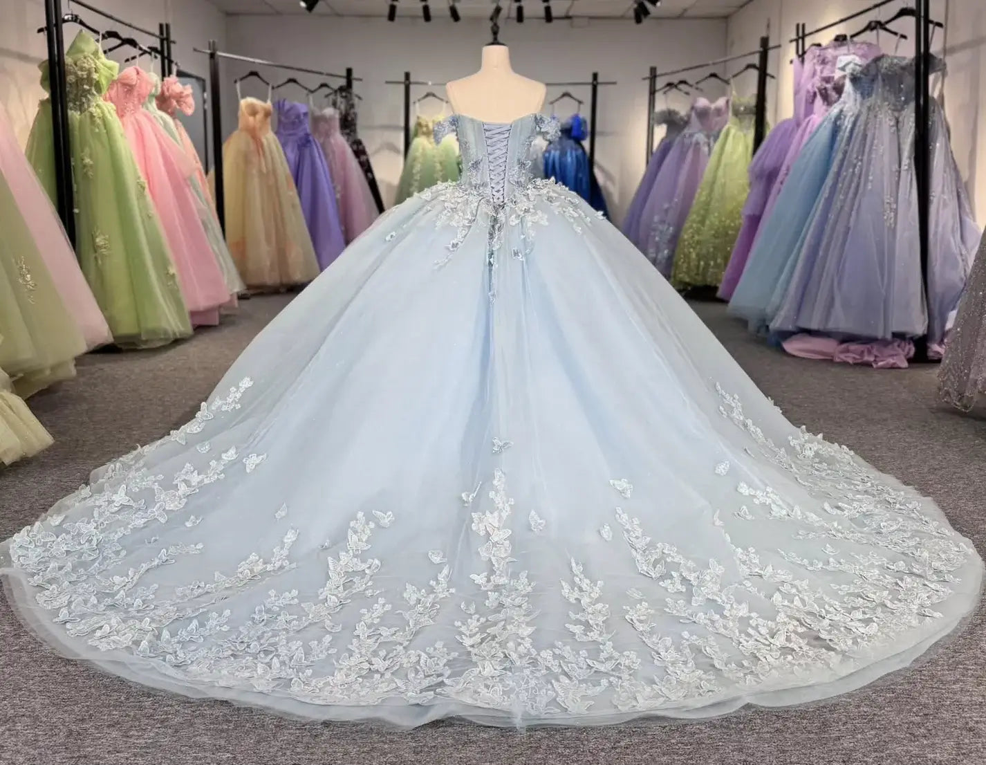 Princess Lace Tulle Light Blue Quinceanera Dresses Pearls with Butterfly