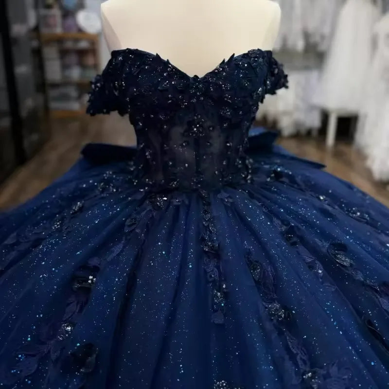 Princess Navy Quinceanera Dresses Blue Flowers Beaded With Bowknot