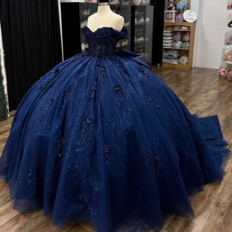 Princess Navy Quinceanera Dresses Blue Flowers Beaded With Bowknot