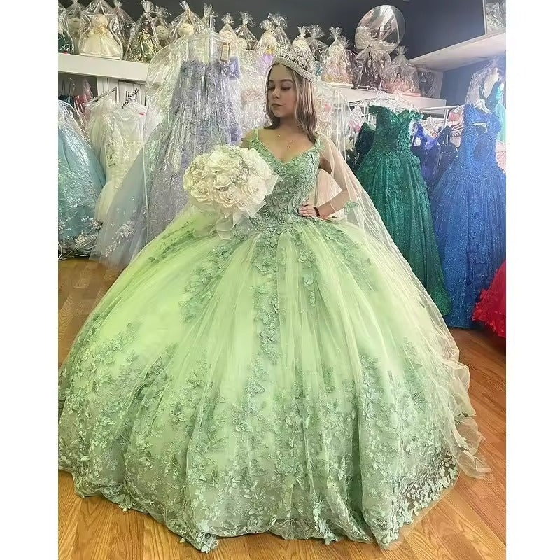 Princess Off Shoulder Green Quinceanera Dress With Cape 3D Butterfly