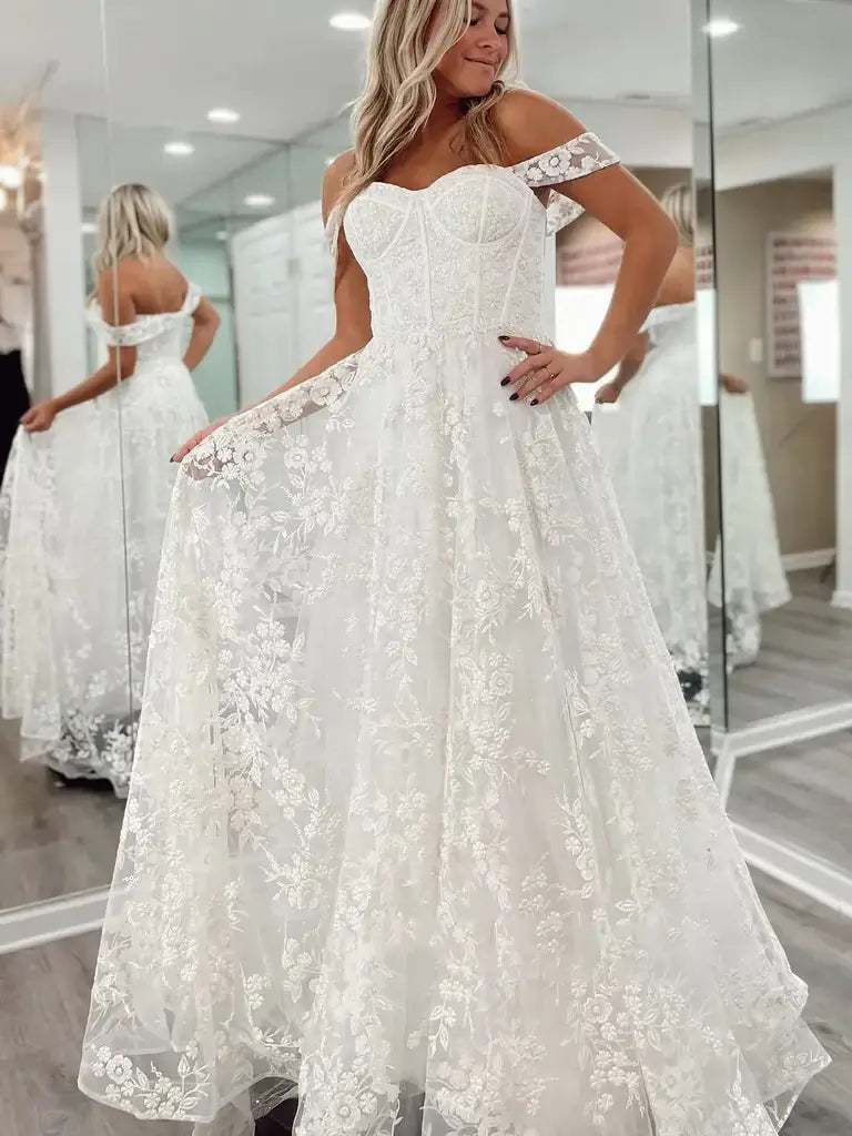 Princess Off Shoulder White Lace Country Wedding Dresses