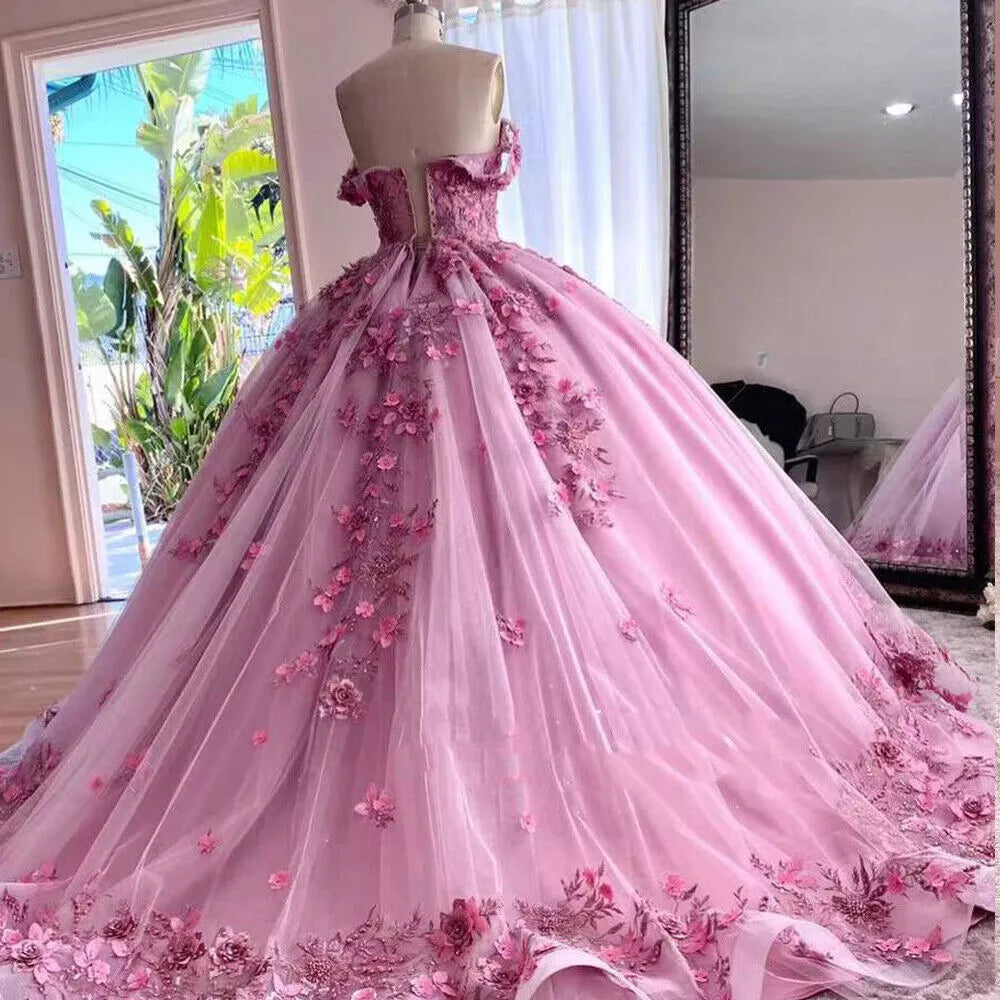 Princess Pink Quince Dresses Off The Shoulder 3D Flowers Mychicdress