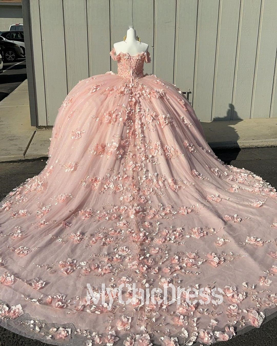 Princess Pink Quinceanera Dresses Discount Lace-Up 3D Flowers Ball Gowns