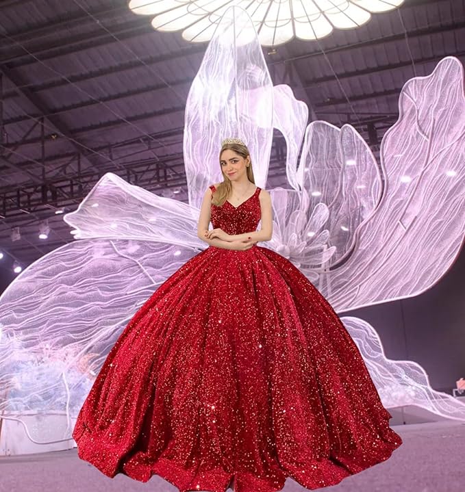 Princess Puffy Red Sequin Quinceanera Dresses Mychicdress