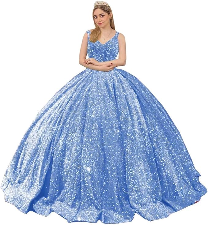 Princess Puffy Red Sequin Quinceanera Dresses Spaghetti Strap V-Neck