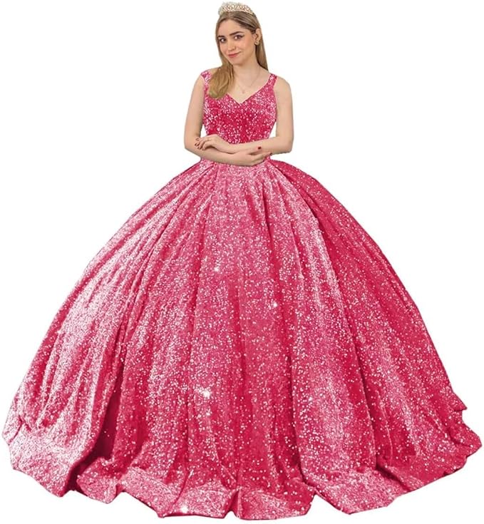 Princess Puffy Red Sequin Quinceanera Dresses Spaghetti Strap V-Neck