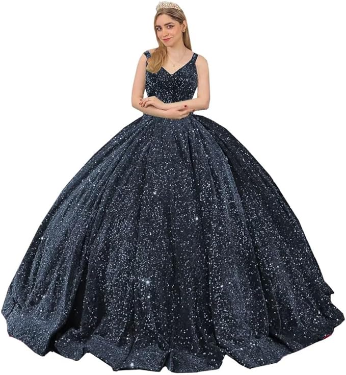 Princess Puffy navy blue Sequin Quinceanera Dresses Mychicdress