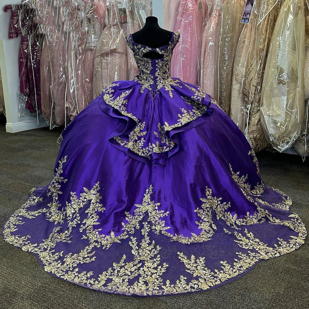 Princess Purple Quinceanera Dresses Gold Applique Tulle Sweet 16 Dress