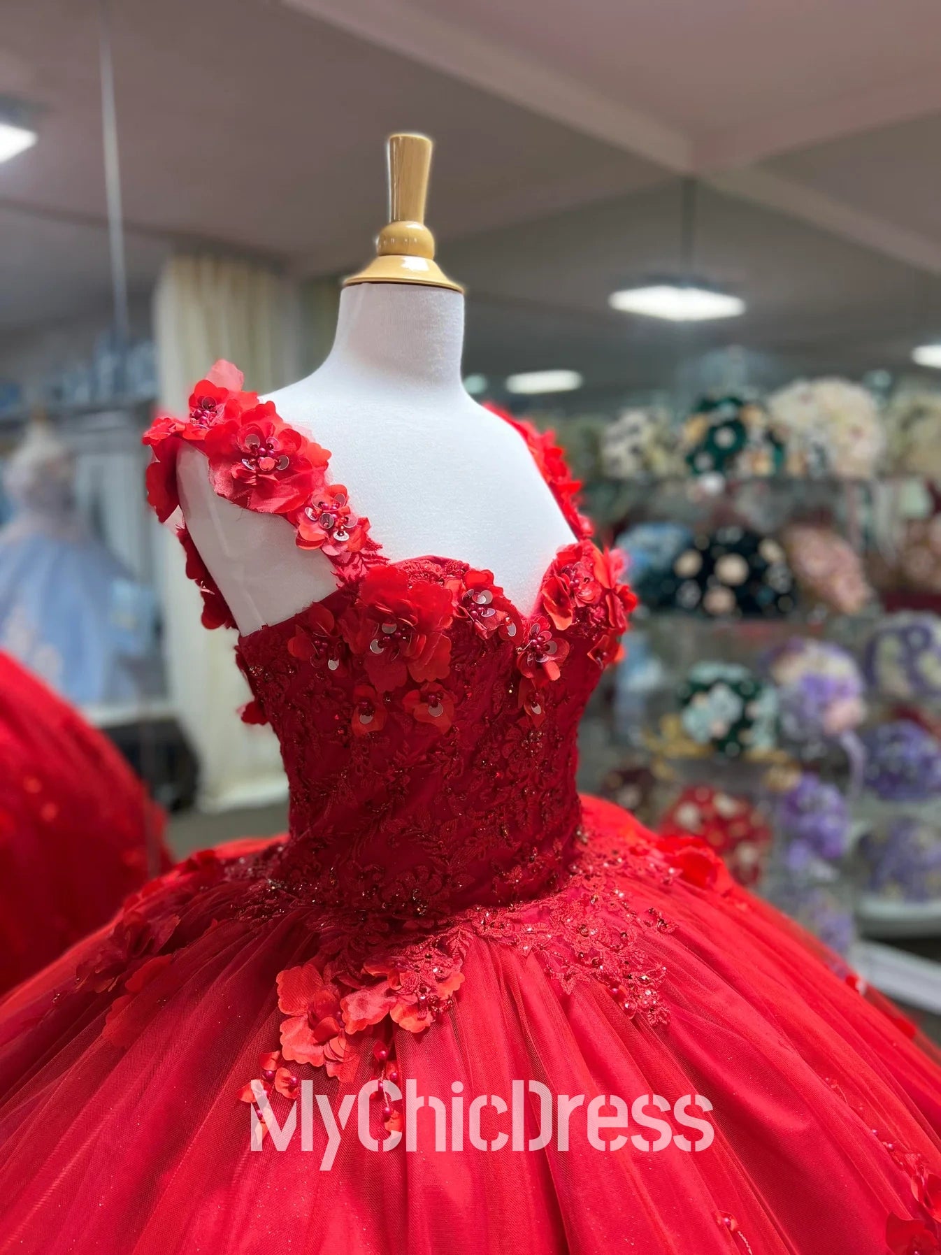 Mychicdress Princess Red Ball Gown Straps Quinecanera Dresses with 3D Flowers