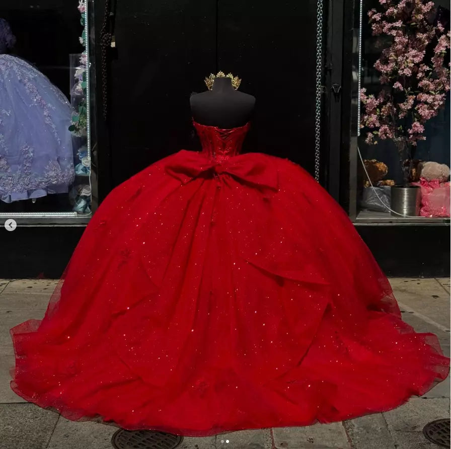Princess Red Quinceanera Dress Strapless 3D Flowers with Bow