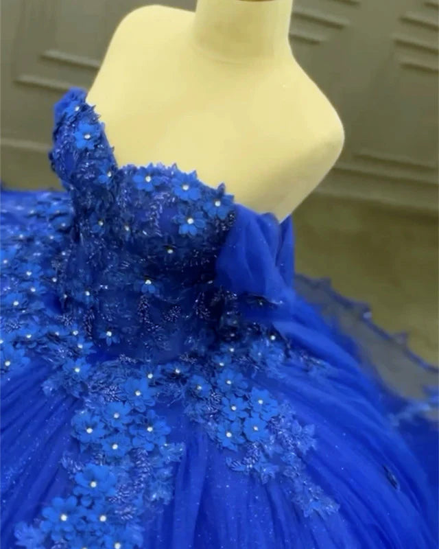 Princess Royal Blue Tulle Quinceanera Dresses Off Shoulder Appliques Dress