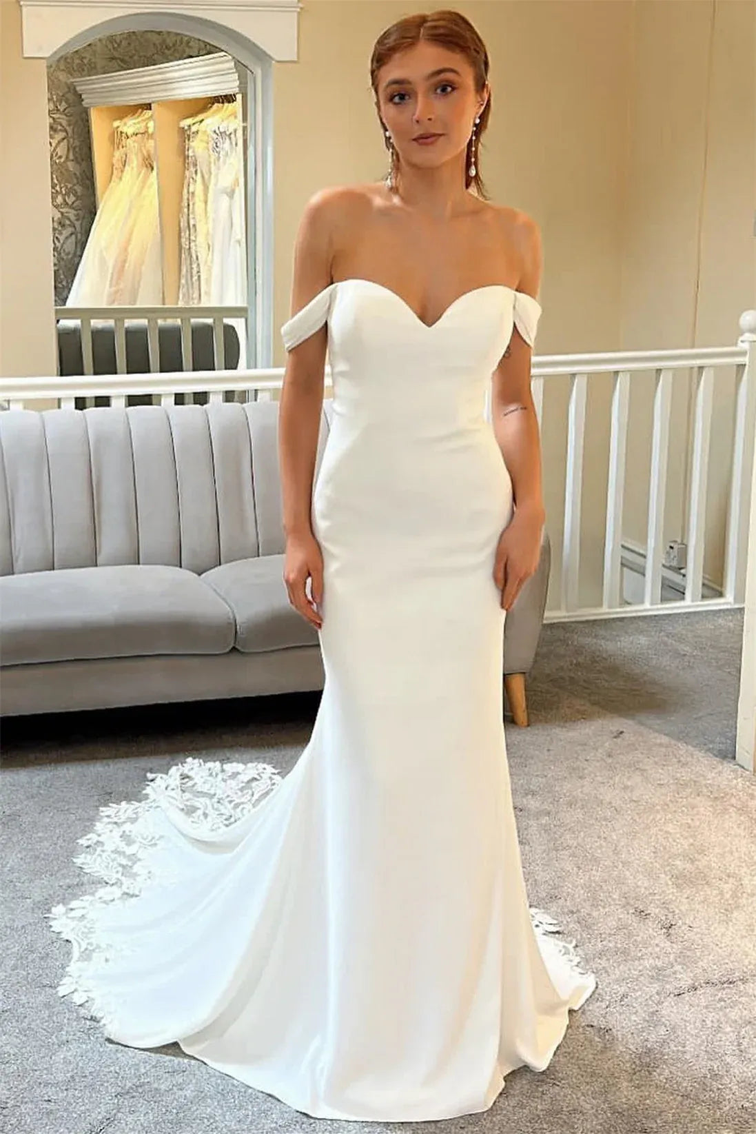Princess Satin Lace Off-The-Shoulder Wedding Dress Mermaid