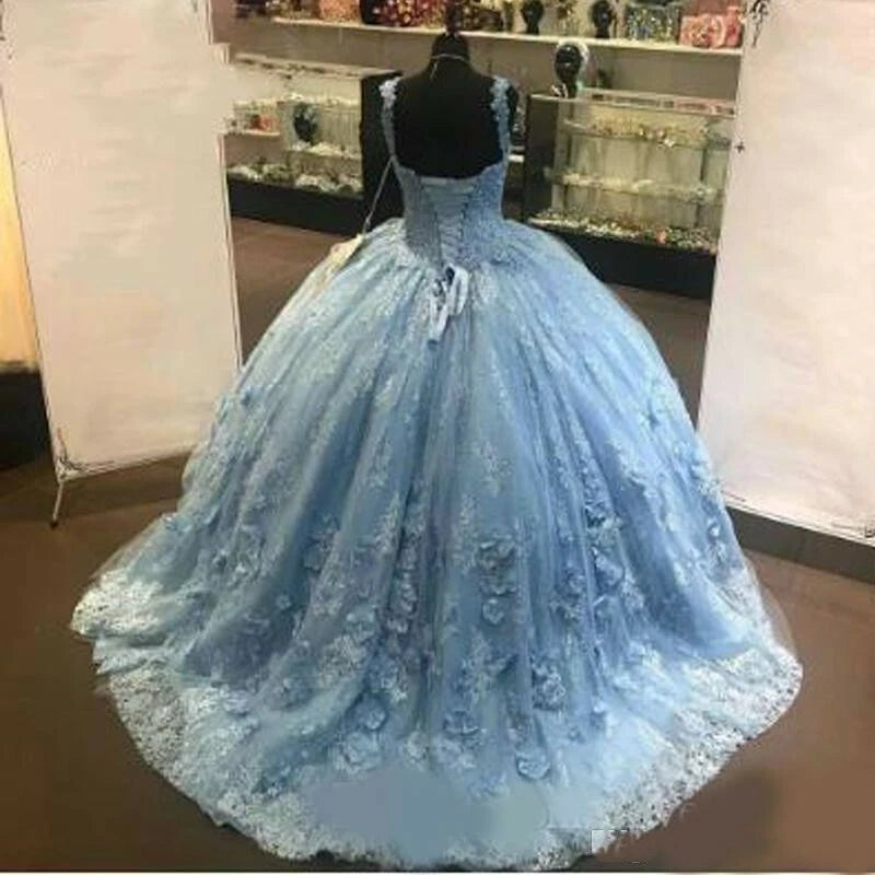 Princess Sky Blue Sweet 16 Quinceanera Dresses with Flowers
