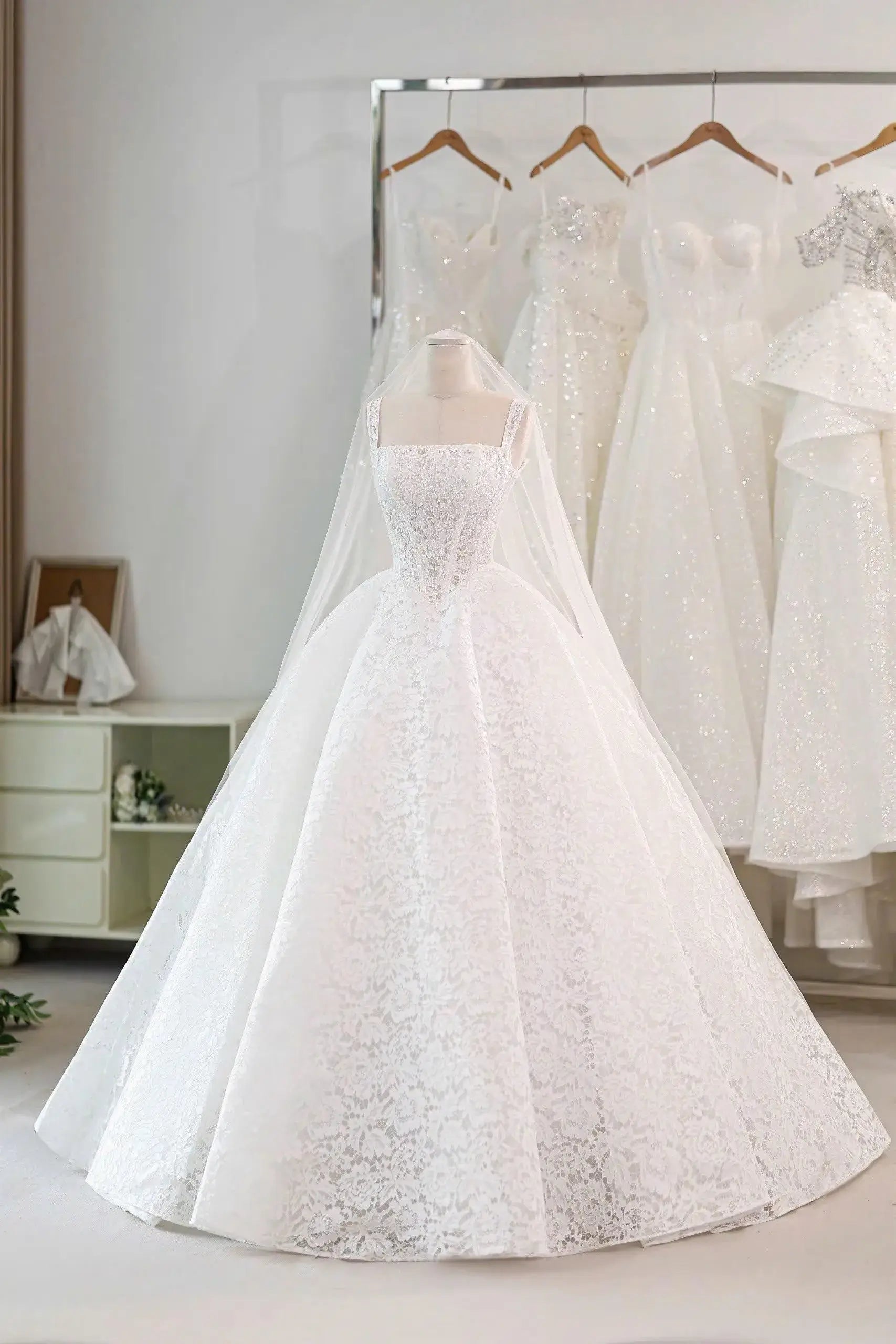 WHITE Square Neck Lace Wedding Dress Beach Corset Bridal Gown