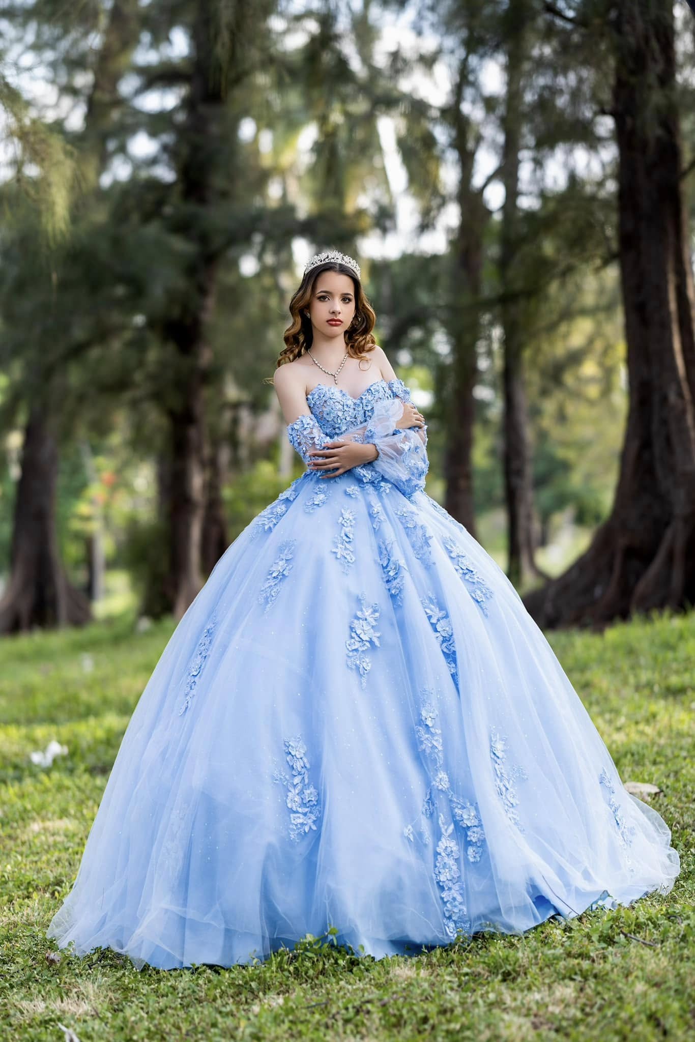 Princess Strapless Blue Quince Dress 3D Flowers with Detchable Sleeves