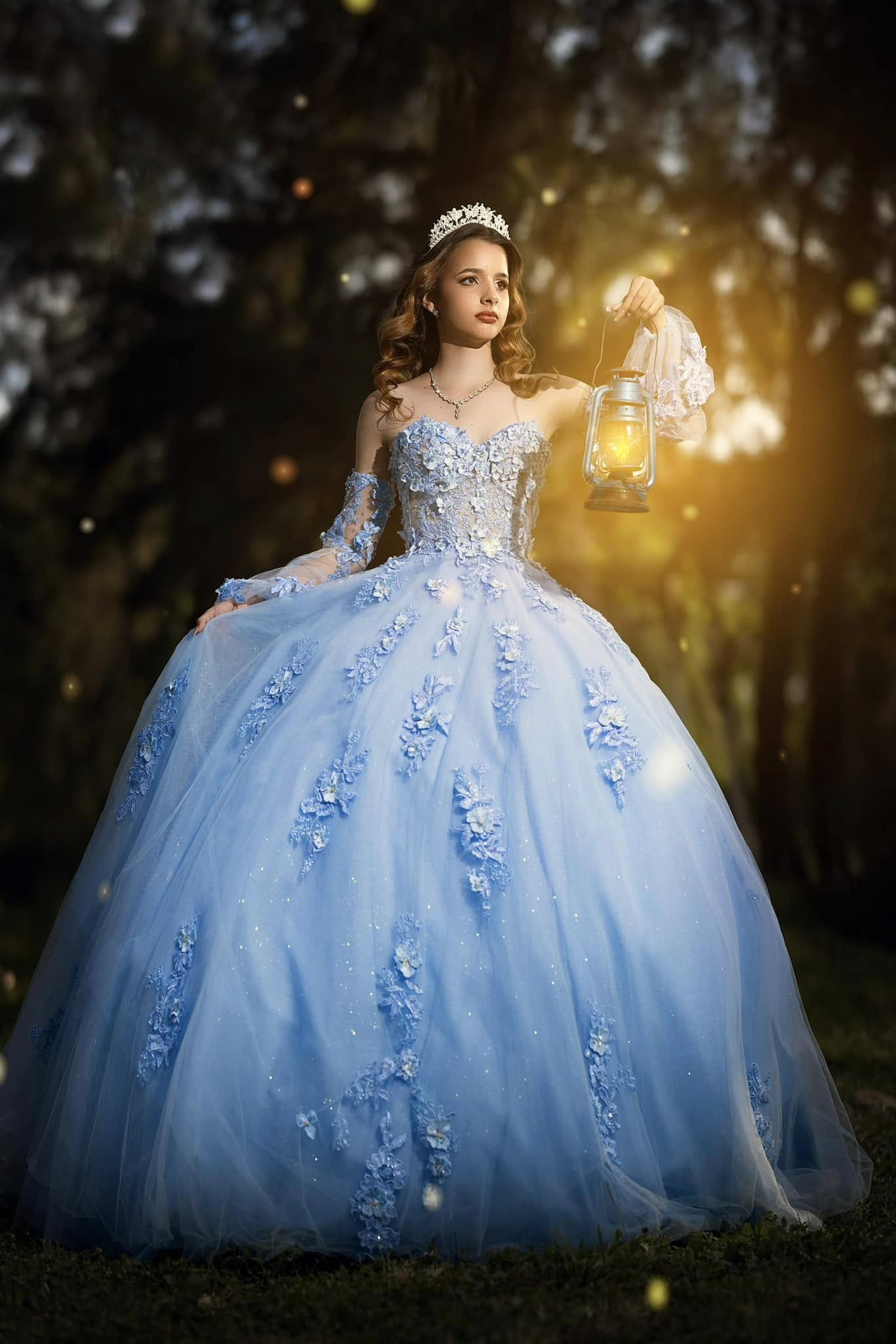 Princess Strapless Blue Quince Dress 3D Flowers with Detchable Sleeves