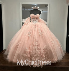 Princess Strapless Pink Quinceanera Dresses with Bow Tulle Sweetheart Mychicdress