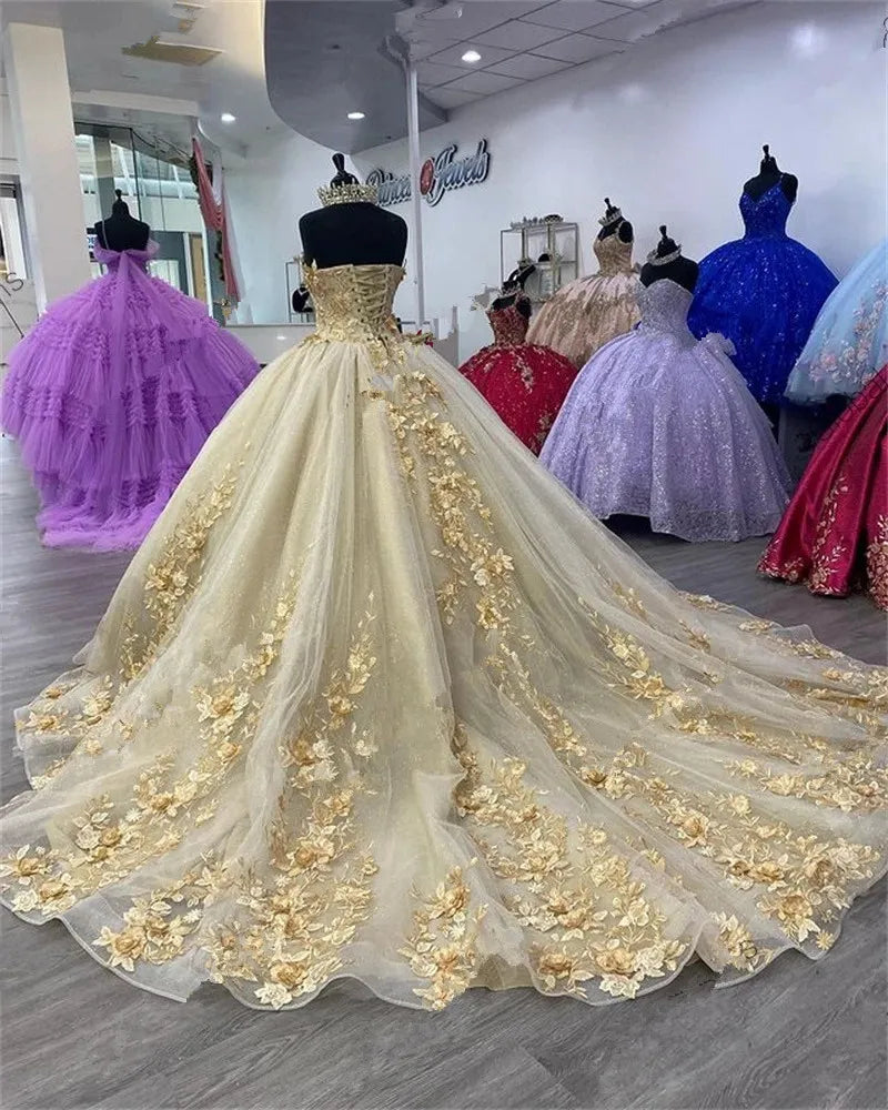 Princess Sweet 16 Champagne Gold Quinceanera Dresses Beaded Appliques