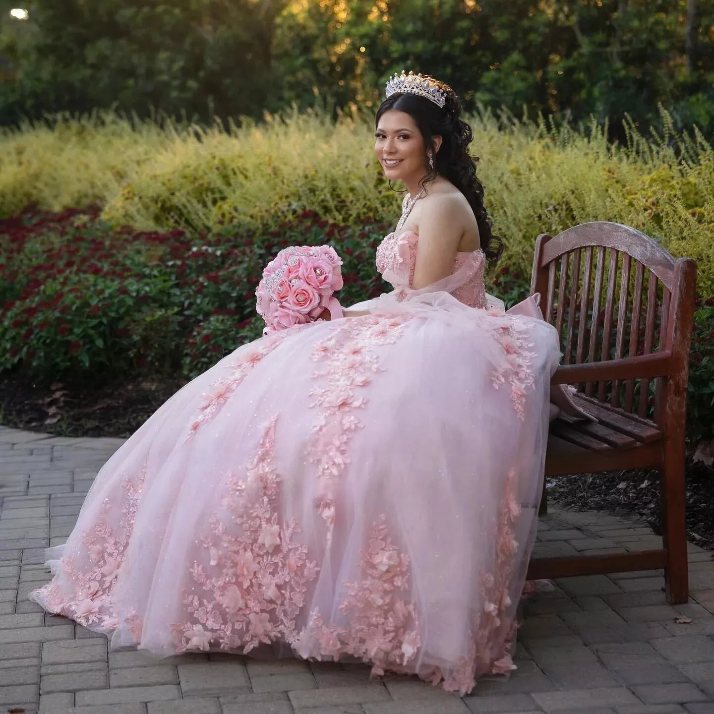 Princess Sweet 16 Pink Quinceanera Dresses with 3D Floral Birthday Gowns Mychicdress