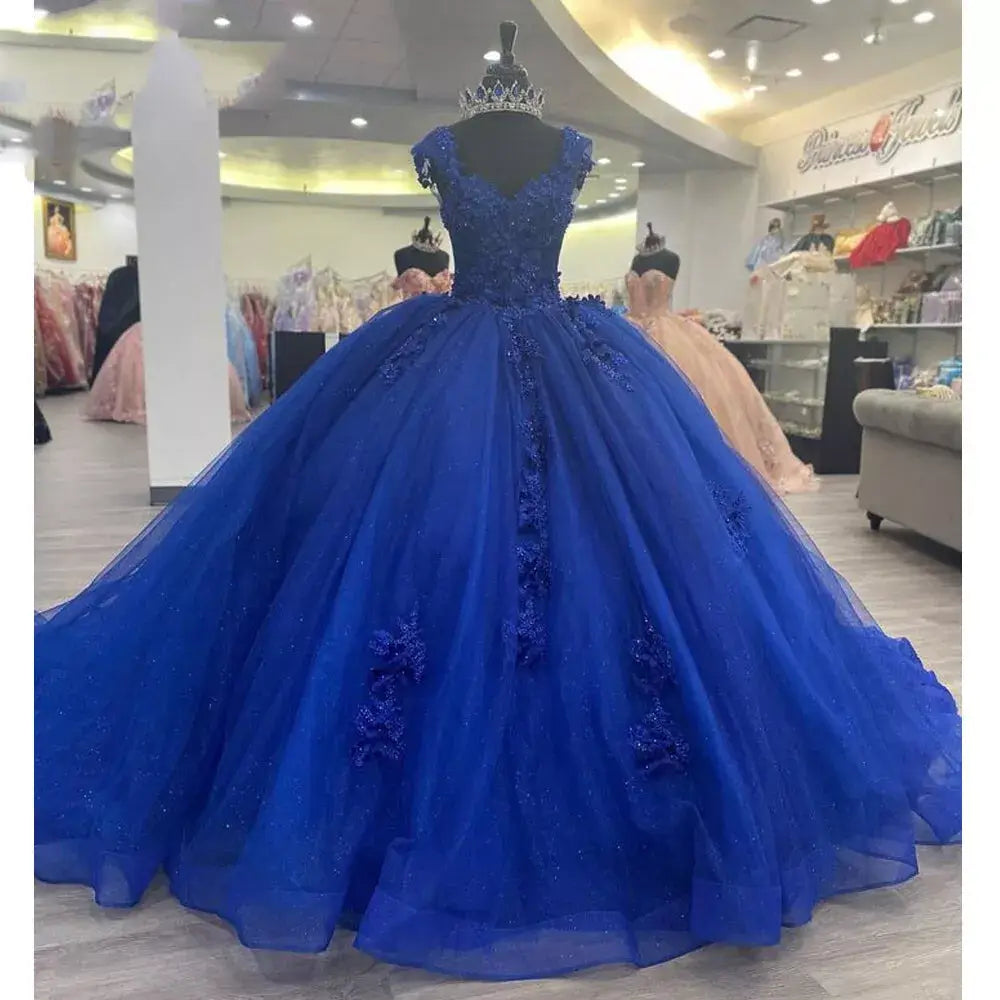 Princess XV Quinceanera Dresses Royal Blue with 3D Floral Beaded